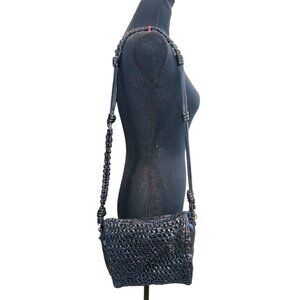 Handwoven Black Genuine Leather Crossbody Handbag Adjustable Strap Textured Boho